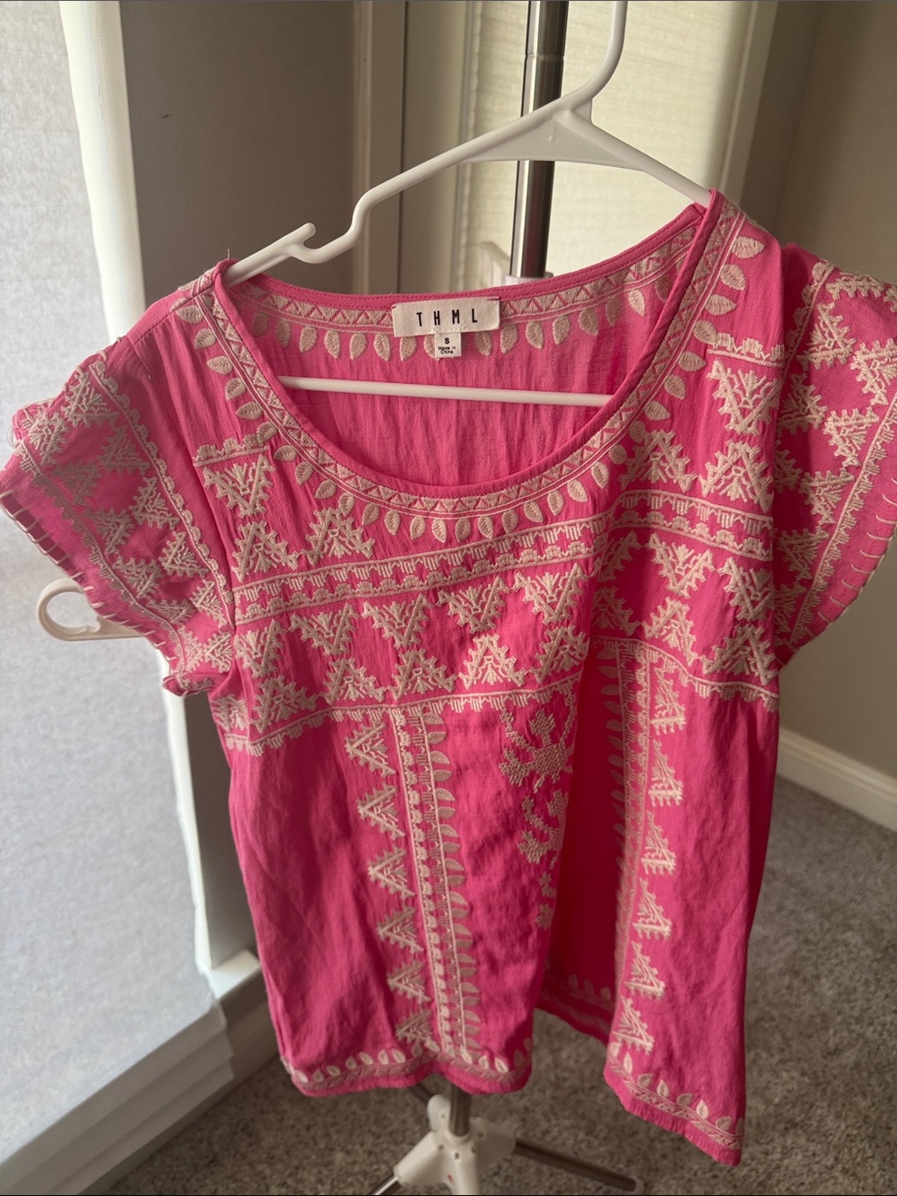 THML Hot Pink Short-Sleeve Embroidered Scoop-Neck Top